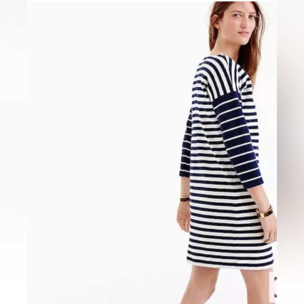 J. Crew Striped Relaxed Cotton Shift Mini Dress, Navy Blue White 3/4 sleeve, S - Picture 3 of 11